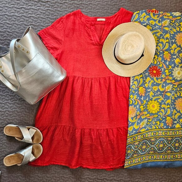 Giusy Flow-y Red Babydoll-Mini Linen Dress - Picture 1 of 7